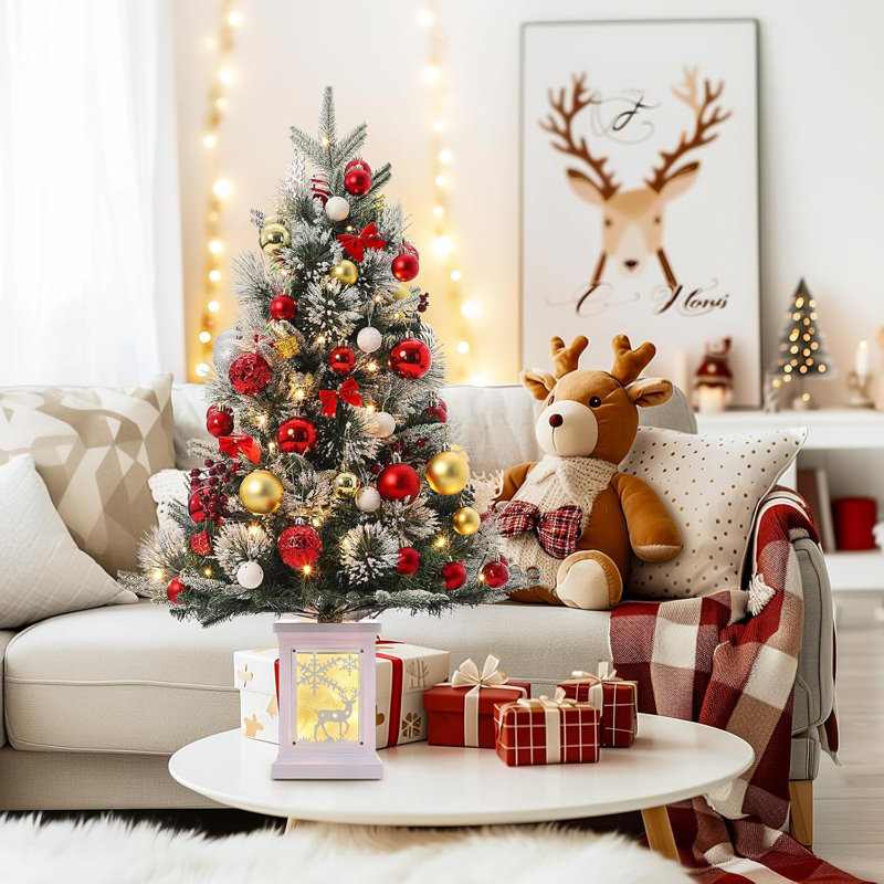 Pre Lit Artificial Christmas Tree 3 ft Small Snow Flocked Christmas Tree with 78 White LED Lights and Lighting Elk Base 8 Lighting Modes Tabletop
